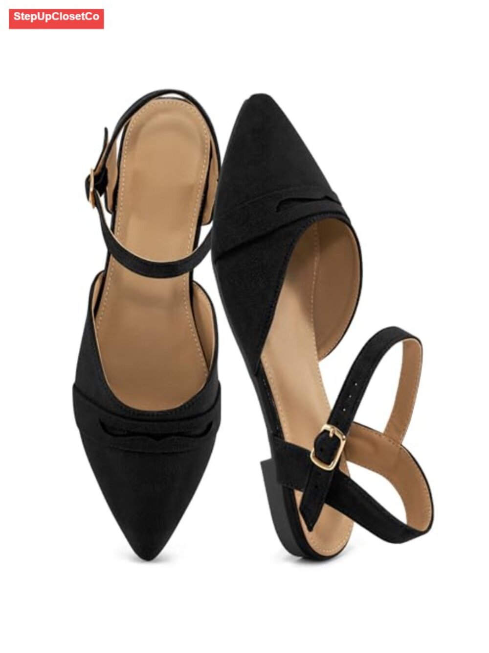 Faux Suede Pointed Toe Slingback Flat Sandals Buckle Ankle Strap Comfort Dressy